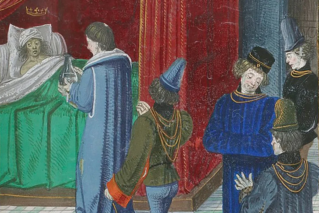 painting depicting a person sick in bed being aided by others